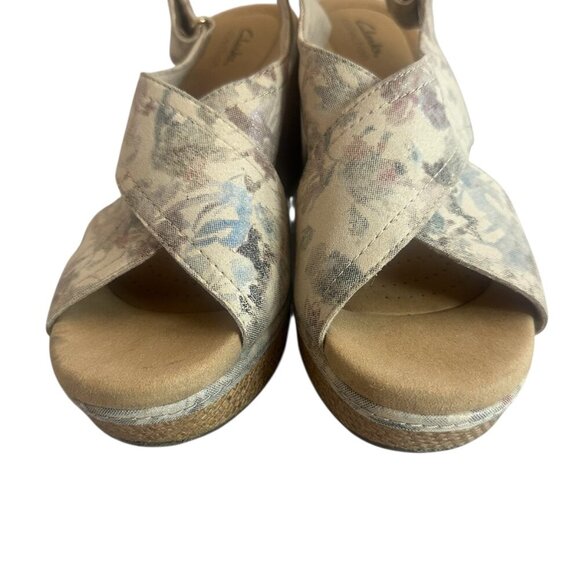 Clarks Giselle Cove Beige Floral Sandals Slingback Neutral Cork Wedges Size 11 - Picture 8 of 16